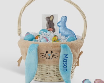 Embroidered Blue Bunny Liner Easter Basket – Personalized Plush Easter Basket for Kids – Custom Name  Easter Egg Hunt Treat Bag for Children