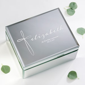 Holy Name Engraved Mirrored Jewelry Box, Gifts for Her, Engraved Jewelry Box, Gift For Daughter, Gift For Mom, Religious Gift, 1st Communion