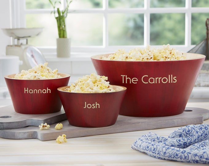 Personalized Bamboo Red Popcorn Bowls, Gifts for Couples, Housewarming Gifts, Movie Night, Couples Gift, Salad Bowl, Newlywed Gift