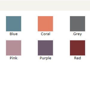 May include: A color selection guide with the text "Choose Color:" above a grid of color swatches. The swatches include Charcoal, Blue, Coral, Grey, Mint, Navy, Pink, Purple, Red, Sage, and Tan.