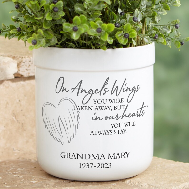 On Angel's Wings Personalized Memorial Outdoor Flower Pot
