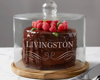Personalized Cake Stand with Glass Dome – Custom Acacia Wood Dessert Stand – Kitchen Gift for Bakers and Weddings