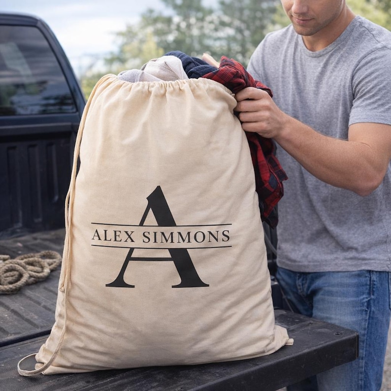 Personalized Canvas Laundry Bag – Custom Monogram Drawstring Storage – Dorm – Apartment Gift Charcoal