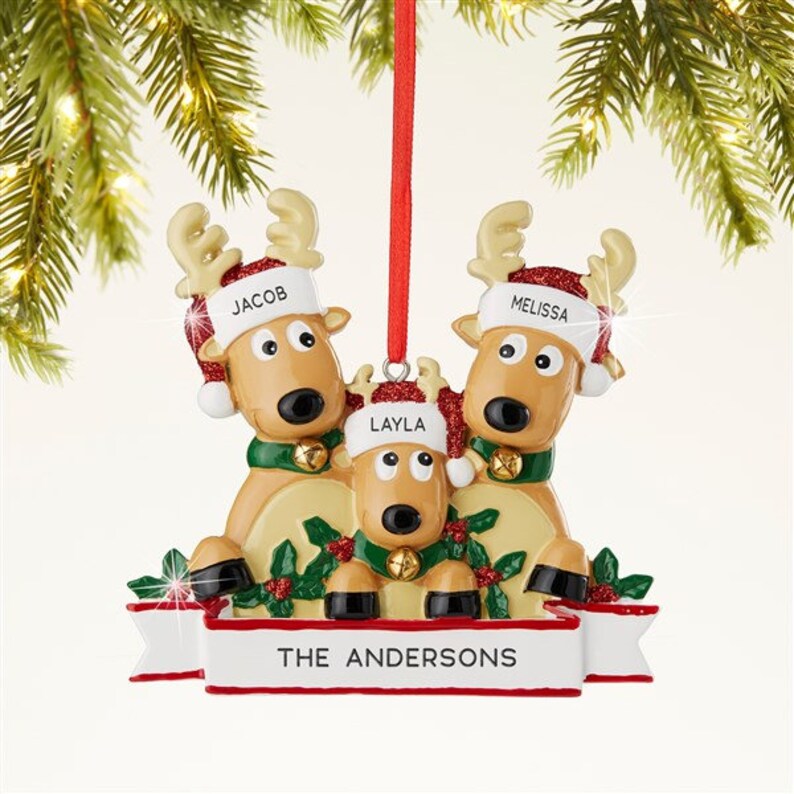 K&ouml;nnte beinhalten: Weihnachtsschmuck mit drei Rentieren mit den Namen Jacob, Layla und Melissa. Die Rentiere tragen Weihnachtsm&uuml;tzen und gr&uuml;ne Kragen mit Gl&ouml;ckchen. Auf dem Banner steht "THE ANDERSONS".