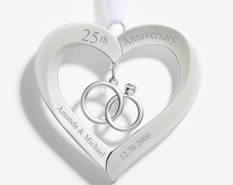 Personalized Anniversary Heart Ornament – Custom Metal Wedding Keepsake with Rings – Couple Gift for Milestones & 50th Anniversary