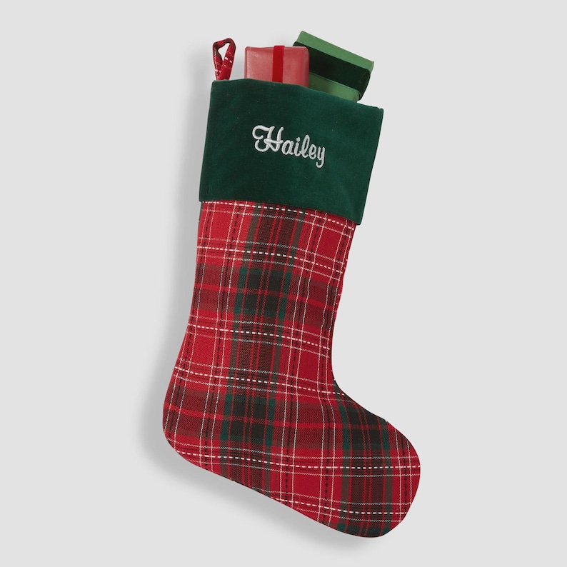 Holiday Plaid Personalized Stockings, Custom Stockings, Personalized Holiday Stocking, Embroidered Stocking, Christmas Decor, Gifts for Xmas image 1