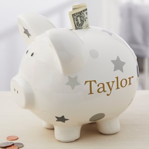 New Baby Grey Polka Dots & Stars Personalized Piggy Bank, Custom Piggy Bank, Gifts for Kids, Birthday Gifts, Kids Gifts, Baby Shower Gift