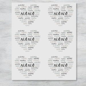 Puede incluir: Cuatro cuadrados blancos con la palabra "NAME" repetida varias veces en texto negro y gris. La palabra "NANA" est&aacute; escrita en texto negro m&aacute;s grande en el centro de cada cuadrado.
