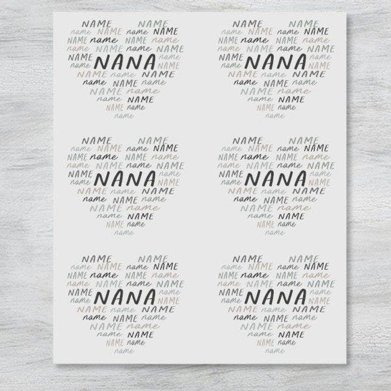Puede incluir: Cuatro cuadrados blancos con la palabra "NAME" repetida varias veces en texto negro y gris. La palabra "NANA" est&aacute; escrita en texto negro m&aacute;s grande en el centro de cada cuadrado.