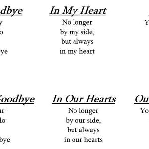 May include: A white background with six text blocks. The phrases include "Hardest Goodbye", "In My Heart", "Paw Prints", "Our Hardest Goodbye", "In Our Hearts", and "Our Paw Prints". Each block contains a short poem.