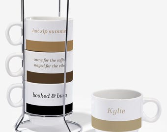 Personalized 6oz Stackable Mug Set of 4 – Custom Espresso Cup Set with Stand – Ceramic Espresso Mug Gift Set – Coffee Bar Decor Gift