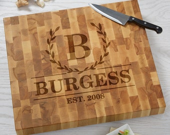 Laurel Wreath Personalized Butcher Block Cutting Board, Housewarming Gifts, Custom Wedding Gift, Personalized Cutting Boards