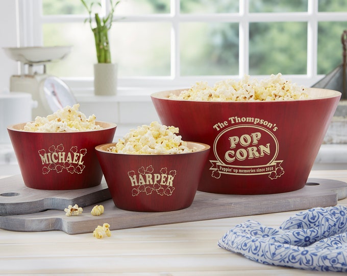 Popcorn Night Bamboo Personalized Serving Bowl, Gifts for Couples, Housewarming Gifts, Popcorn Lover Gifts