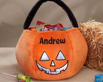 Personalized Halloween Treat Bag – Embroidered Pumpkin Trick-or-Treat Basket with Reflective Face – Custom Kids’ Candy Tote for Boys