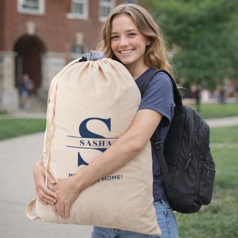 Personalized Canvas Laundry Bag – Custom Monogram Drawstring Storage – Dorm – Apartment Gift Navy