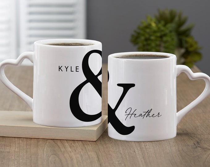 Personalized Couples Mug Set – Custom Heart Handle Coffee Mugs