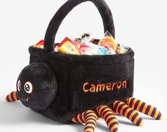 Personalized Spider Halloween Treat Bag for kids – Embroidered Plush Spider Trick-or-Treat Basket – Custom Kids’ Halloween Candy Tote, child