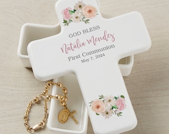 Personalized First Communion Cross Box – Custom Name Ceramic Keepsake for Girls – Small Floral Cross Jewelry Box – Religious Gift for Her