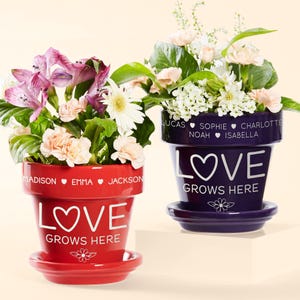 May include: Two ceramic flower pots with the words "Love Grows Here" and personalized names. The red pot has the names Madison, Emma, and Jackson. The purple pot has the names Lucas, Sophie, Charlotte, Noah, and Isabella.