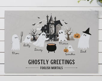 Ghostly Greetings Personalized Doormat – Custom Halloween Welcome Mat – Ghost Front Porch Decor