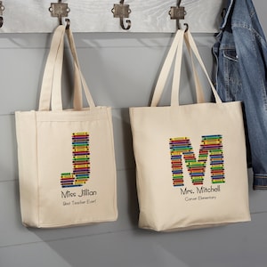 Personalized Teacher Canvas Tote Bag – Embroidered Crayon Initial