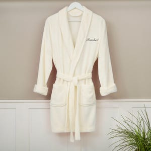 Personalized White Fleece Robe for Women – Embroidered Short Spa Bathrobe – Bridal Getting Ready Robe – Cozy Lounge Robe image 1