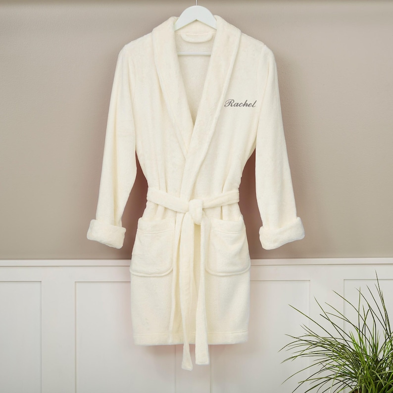 Personalized White Fleece Robe for Women – Embroidered Short Spa Bathrobe – Bridal Getting Ready Robe – Cozy Lounge Robe image 1