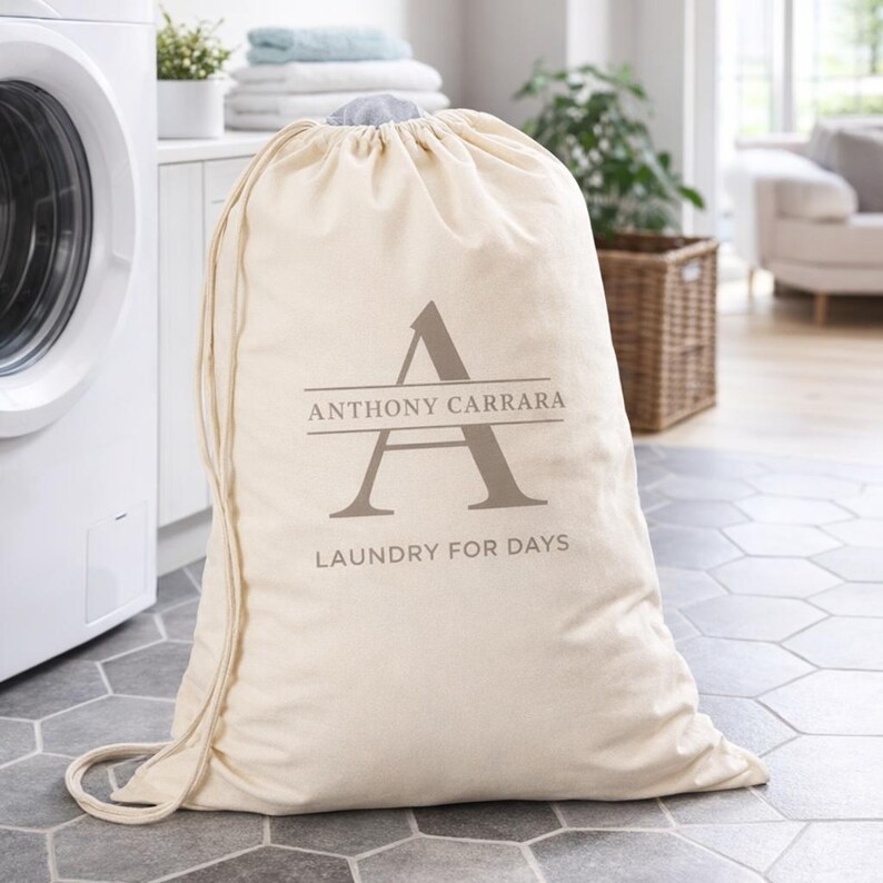 Personalized Canvas Laundry Bag – Custom Monogram Drawstring Storage – Dorm – Apartment Gift Tan