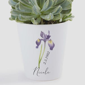 May include: A white ceramic planter containing a green succulent plant. The planter features a printed illustration of a purple iris flower, the name Nicole in black script, and the date 2.3.1982 printed in a black serif font.