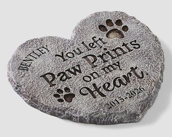 Personalized Paw Prints On My Heart Memorial Garden Stone – Custom Pet Remembrance Heart Stone – Dog Cat Sympathy Gift