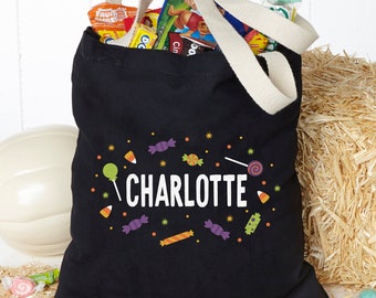 Halloween Candy Pattern Personalized Canvas Treat Bag, Personalized Trick or Treat Bags for Kids, Kid Halloween Bucket, Custom Halloween