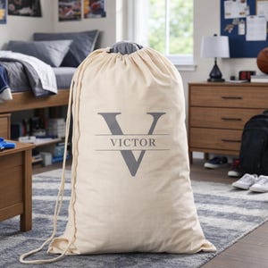 Personalized Canvas Laundry Bag – Custom Monogram Drawstring Storage – Dorm – Apartment Gift Grey