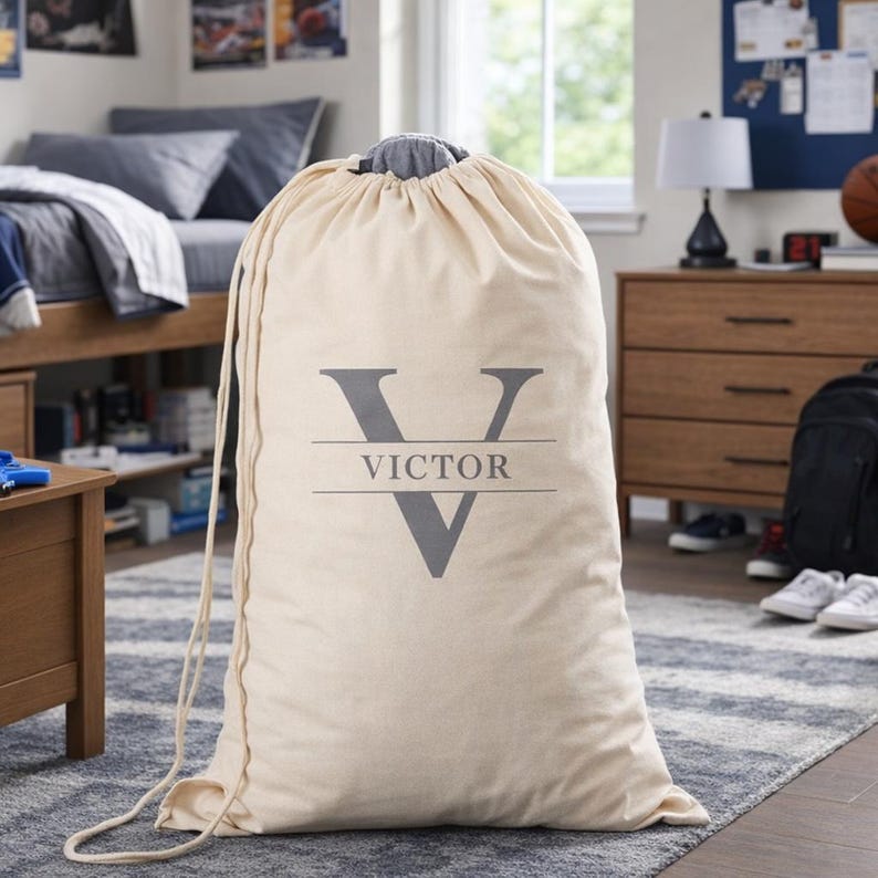 Personalized Canvas Laundry Bag – Custom Monogram Drawstring Storage – Dorm – Apartment Gift Grey