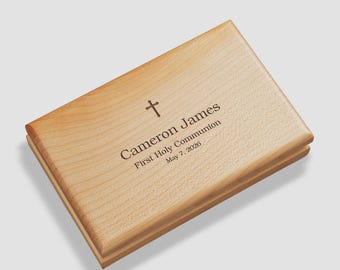 Personalized First Communion Valet Box – Engraved Cross Wooden Keepsake Box – Custom Name Communion Gift for Boys or Girls