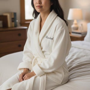 Personalized White Fleece Robe for Women – Embroidered Short Spa Bathrobe – Bridal Getting Ready Robe – Cozy Lounge Robe image 13