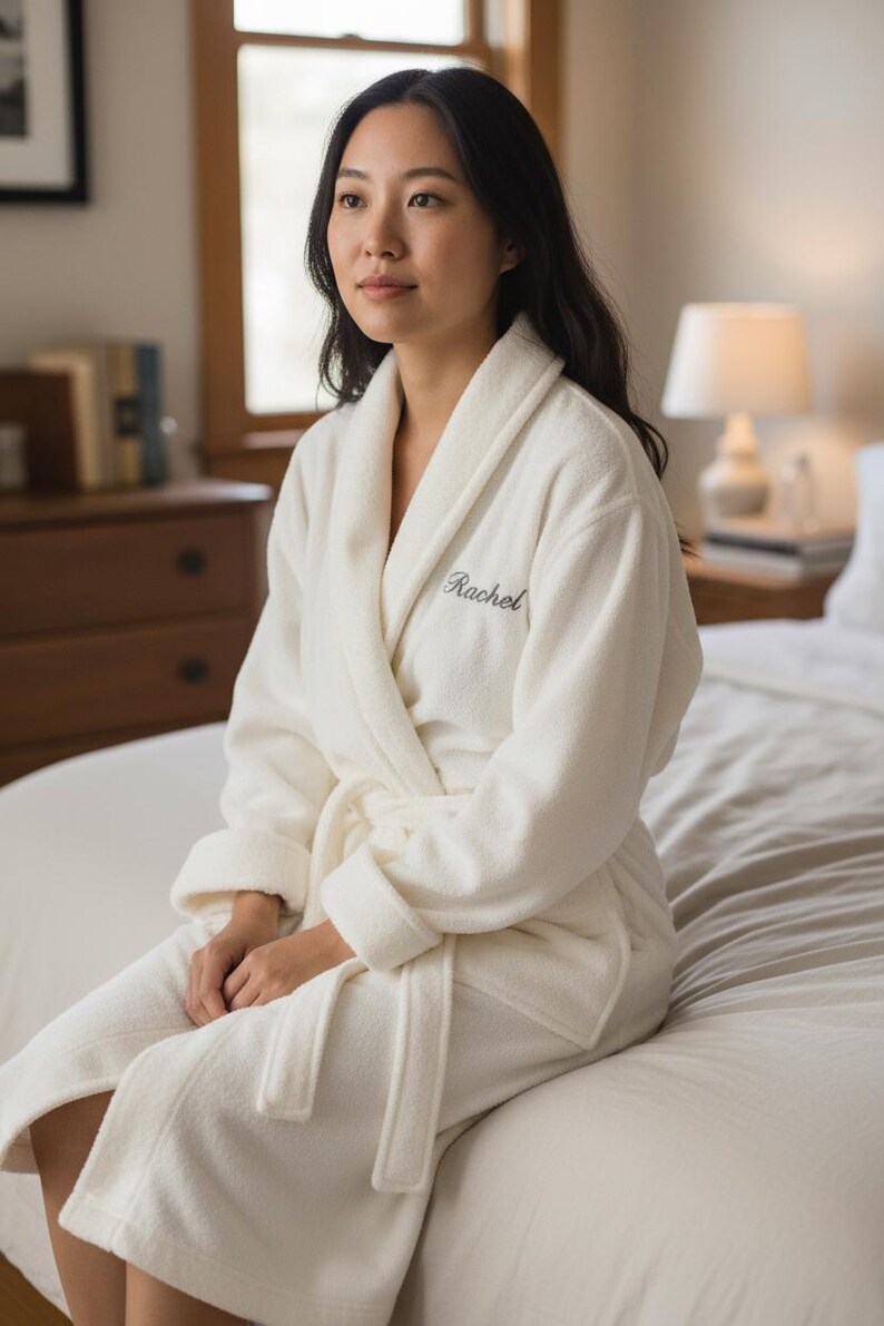 Personalized White Fleece Robe for Women – Embroidered Short Spa Bathrobe – Bridal Getting Ready Robe – Cozy Lounge Robe image 13