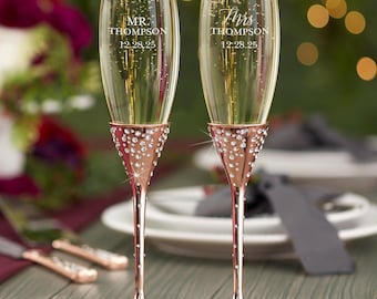 Personalized Rose Gold Wedding Champagne Flute Set – Custom Etched Glasses – Bride & Groom Gift – Anniversary Keepsake