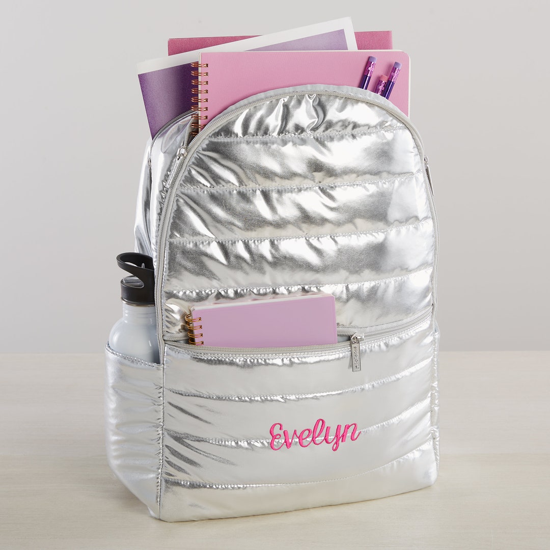 Metallic Silver Embroidered Puffer Backpack, School Bag, Daycare Backpack, Bag, Kids, Children's, for Kids, Back to School, Travel, School - Etsy Metallic Silver Embroidered Puffer Backpack, School Bag, Daycare Backpack, Bag, Kids, Children's, for Kids, Back to School, Travel, School - Etsy