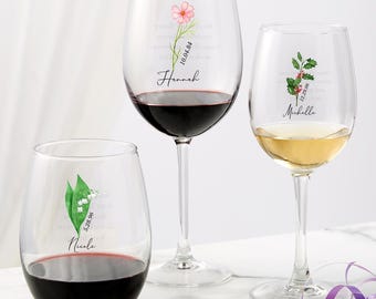 Personalized Wine Glass – Birth Month Flower Design – Unique Gift for Her – Wine Glasses for Mom – Custom Bridesmaid Gift – Gift for Women