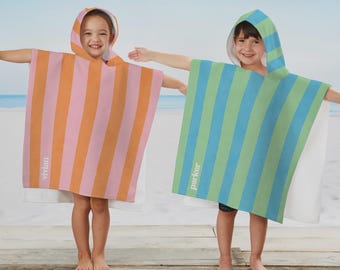 Personalized Kids Summer Striped Poncho Beach Towel – Children's Summer Stripes Hooded Towel – Custom Name Pool Towel for Kids