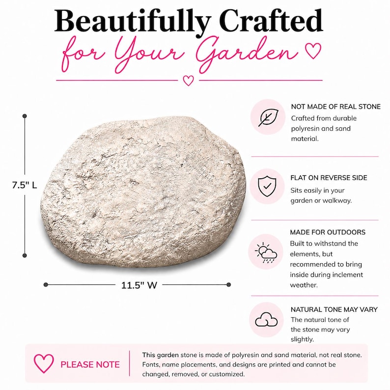 May include: A garden stone, measuring 7.5 inches long and 11.5 inches wide, with a natural stone appearance. The stone is made of polyresin and sand material, designed for outdoor use. The text "Beautifully Crafted for Your Garden" is displayed.