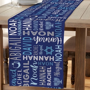 May include: A navy blue table runner with a repeating pattern of names, including Noah, Abigail, Hannah, David, and Rachel. The pattern also includes a Star of David and a menorah.