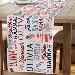 Patriotic Repeating Name Personalized Table Runner, Custom Home Decor, Custom July Decor, 4th of July, Fireworks, American Flag, July 4th