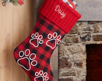 Buffalo Check Paw Prints Red Personalized Dog Christmas Stocking, Family Christmas Stocking, Personalized Stocking, Pet Stocking, Pet Gift