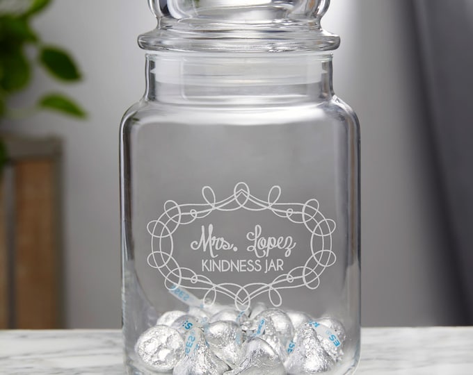 Personalized Glass Jar with Lid – Custom Candy Jar – Cookie Jar – Teacher Treat Jar – Engraved Kitchen Storage Gift