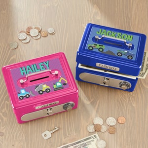 Construction & Monster Trucks Cash Box, Gifts for Kids, Personalized Bank, Birthday Gifts, Kids Gifts, Coin Bank, Money Bank, Kid Bank