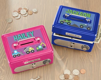 Construction & Monster Trucks Cash Box, Gifts for Kids, Personalized Bank, Birthday Gifts, Kids Gifts, Coin Bank, Money Bank, Kid Bank