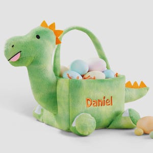 Embroidered Dinosaur Plush Easter Treat Bag – Personalized Name Dino Easter Basket
