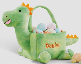 Embroidered Dinosaur Plush Easter Treat Bag – Personalized Name Dino Easter Basket – Custom Kids Egg Hunt Gift Bag – Baby's First Easter Bag