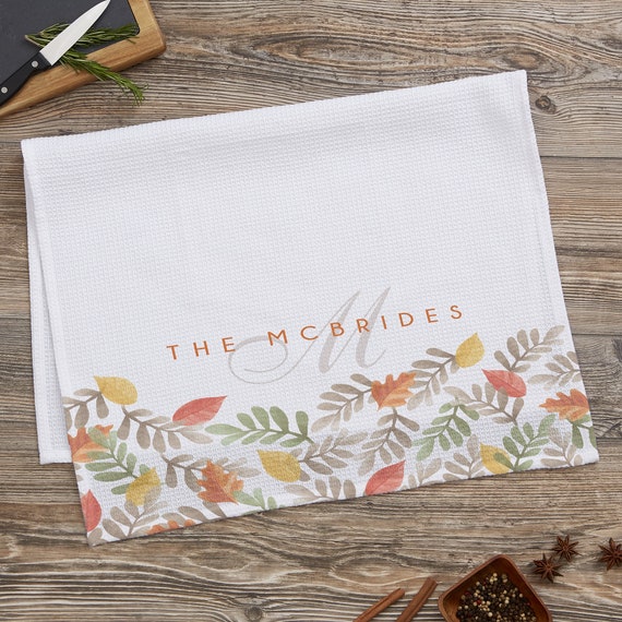 Autumn Leaves Personalized Waffle Weave Towel, Custom Tea Towel,  Personalized Kitchen Towel, Personalized Fall Decor, Autumn Kitchen Decor